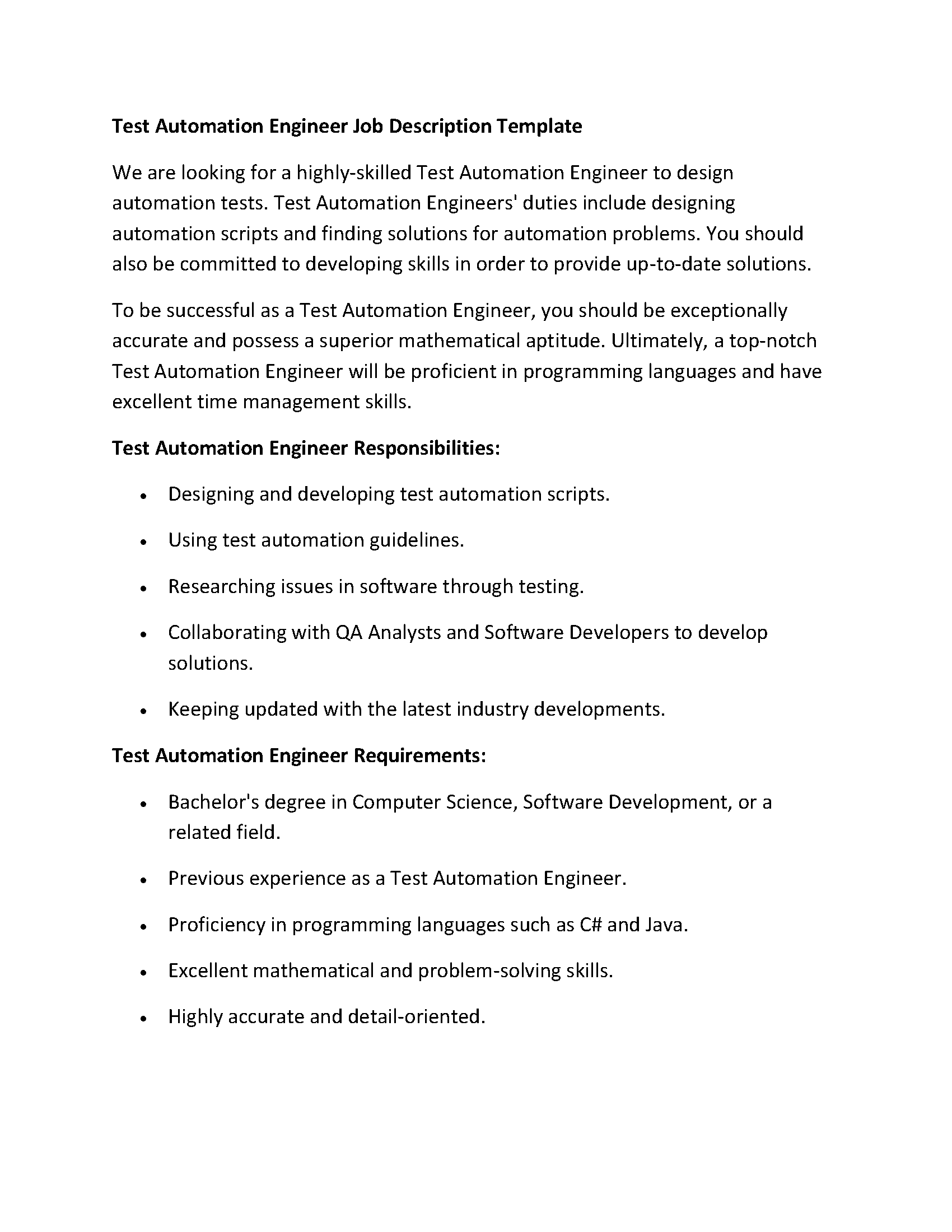 Test Automation Engineer Job Description Template